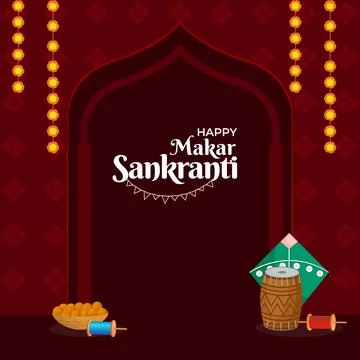 Happy Makar Sankranti Poster Design with Kite, String Spool, Dhol (Drum), I.. Stock Illustration