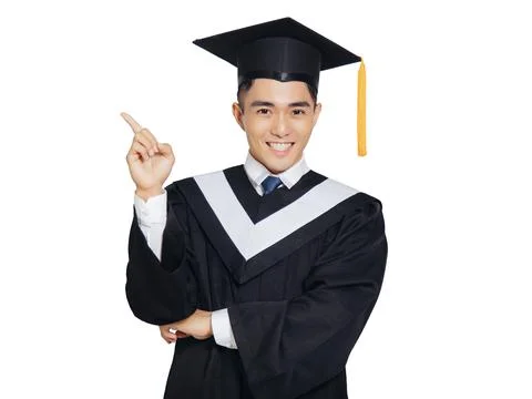 Happy Male graduate student pointing with finger Stock Photos