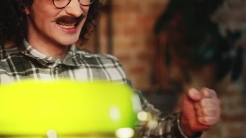 Happy male IT engineer successfully running new program on retro computer Stock Footage 321072531