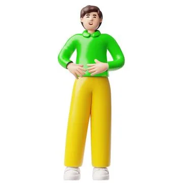 Happy man, 3D vector cartoon brunet male character holding his stomach from Stock Illustration
