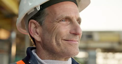 Happy, man and construction worker on site with thinking for inspection on Stock Footage 342753013