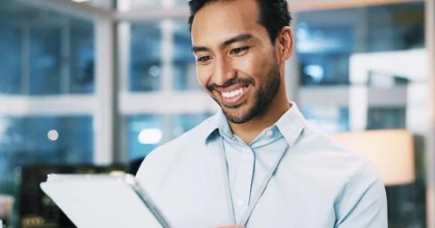Happy, man and developer with tablet in office for programming, software update 스톡 사진