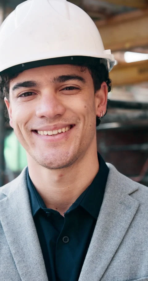 Happy, man and face of construction worker on site with confidence for quality Stock Footage 341095734