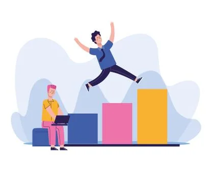 Happy man and man using a laptop on chart bar graph Stock Illustration