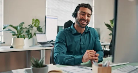 Happy, man and programmer at call center with computer, discussion and crm for Stock-Footage 346948158