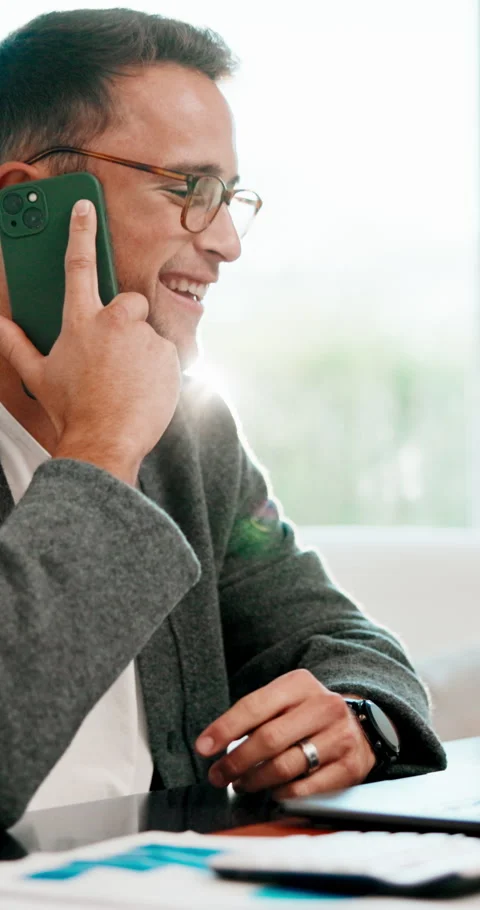 Happy, man and remote work in home office with phone call, financial analyst Stock Footage 341401821