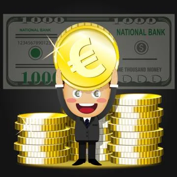 Happy man and stack of big golden coins Stock Illustration