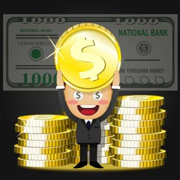 Happy man and stack of big golden coins Stock Illustration