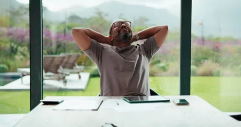 Happy, man and stretching with tablet for remote work, audit completion and Stock Footage 335826631