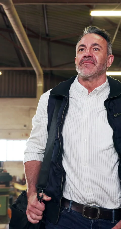 Happy, man and thinking in workshop for carpentry, inspection and stock check Stock Footage 340763241