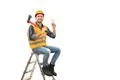 The happy man with an ax gesturing on the ladder on the white background Photo