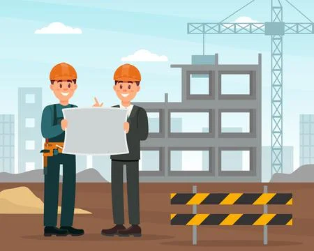 Happy Man Builder in Hard Hat and Uniform with Draft at Construction Site Vector Stock Illustration