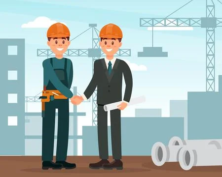 Happy Man Builder in Hard Hat and Uniform Handshaking with Architect at Stock Illustration