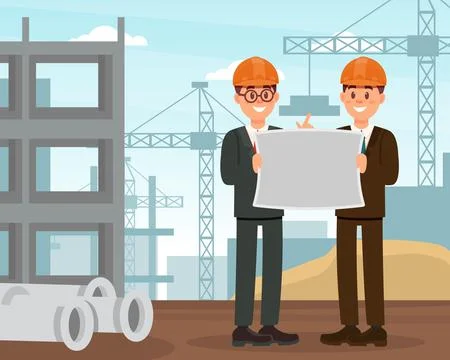 Happy Man Builder in Hard Hat with Draft at Construction Site Vector Stock Illustration