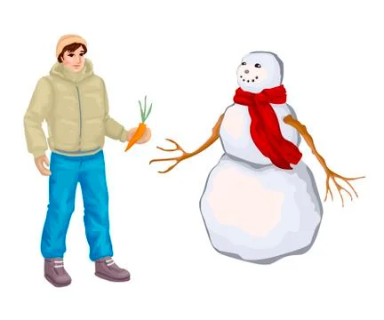 Happy man is building snowman. Vector illustration Stock Illustration