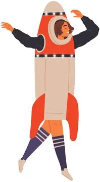 Happy man in cardboard or plastic rocket suit. Creative guy in self made costume Stock Illustration