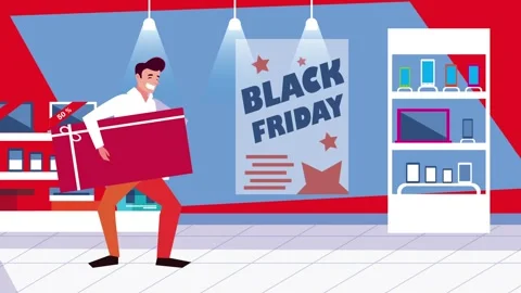 Happy man carrying giftbox during black friday sale event in a shopping mal.. Video stock 338403757