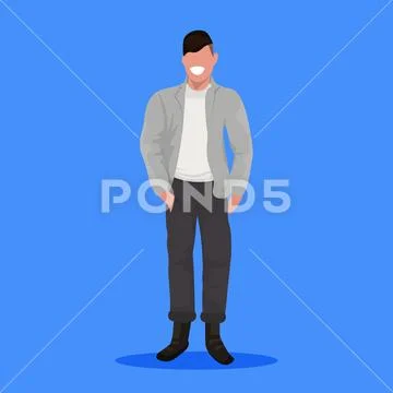 happy casual man standing pose smiling guy wearing trendy formal clothes  holding handbag male cartoon character full length flat white background |  Stock vector | Colourbox