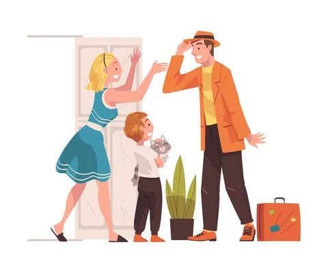 Happy Man Character Coming Back and Returning Home Standing Near Open Door with Stock Illustration