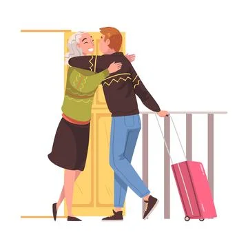 Happy Man Character Coming Back and Returning Home Standing Near Open Door with Stock Illustration