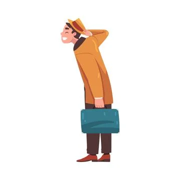 Happy Man Character Coming Back and Returning Home Standing with Suitcase Vector Stock Illustration