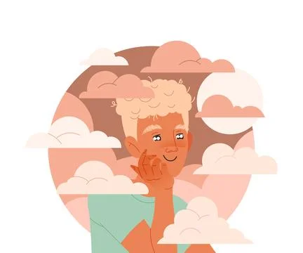 Happy Man Character with His Head in Clouds Having Fancy Imagination Vector Stock Illustration