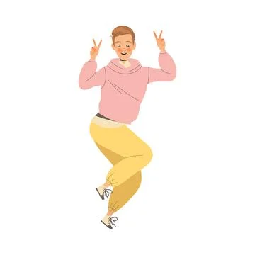 Happy Man Character Jumping Sharing Positive Vibes Showing V Sign Vector Stock Illustration