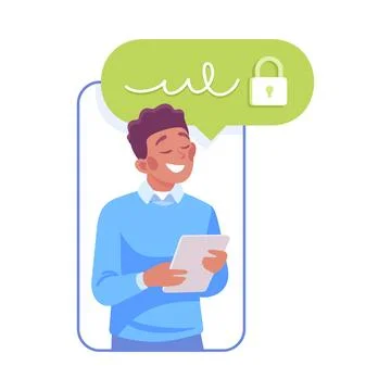 Happy Man Character with Tablet Pc Vector Illustration Stock Illustration