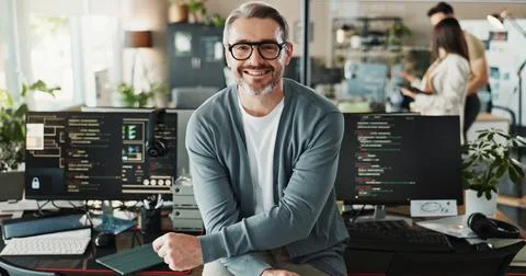 Happy man, coder and glasses in office for portrait, website development and Stock Photos