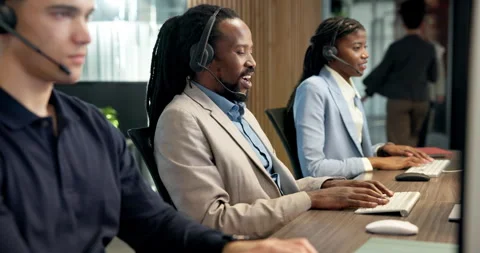 Happy man, computer and headset in call center for sales, telemarketing and Stock Footage 343350776