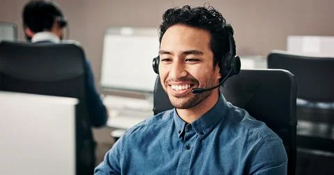 Happy man, consultant or computer with headset in call center for communica.. Fotos de archivo