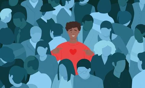 Happy man in crowd, only one guy with satisfied face among faceless sad people Stock Illustration