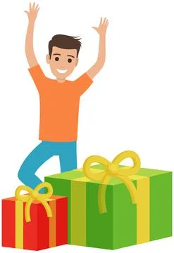 Happy man dancing near stack of birthday gifts in wrapped boxes. Guy standing Stock Illustration