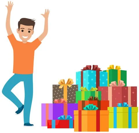Happy man dancing near stack of birthday gifts in wrapped boxes. Guy standing Stock Illustration
