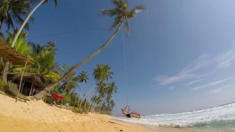 Happy man dangles on tropical palm tree swing slow motion footage Stock-Footage 85111981