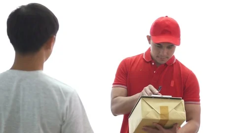 Happy man delivering parcel boxes while signing the document Stock Footage 91312289