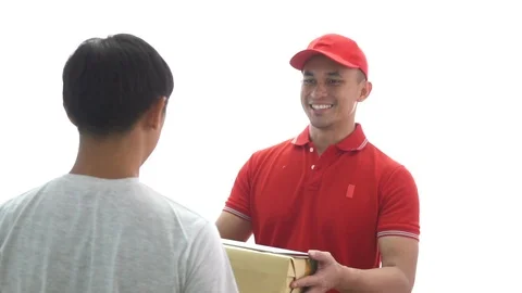 Happy man delivering parcel boxes to customer home Stock Footage 91312339