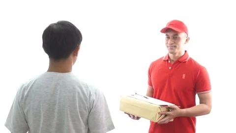 Happy man delivering parcel boxes to customer home 動画素材 91312419