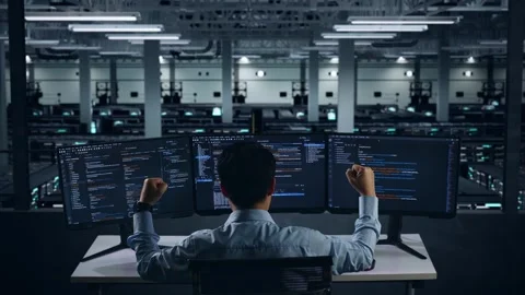 Happy Man Developer Celebrating And Dancing While Write Code In Data Center Stock Footage 270226626