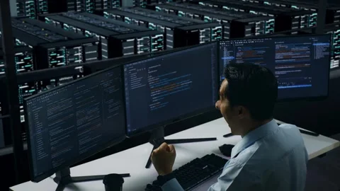 Happy Man Developer Celebrating While Write Code In Data Center Stock Footage 270228512