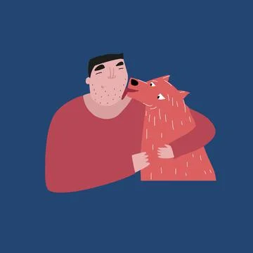 Happy man with the dog Vector drawing The dog licks the cheek of the owner Stock Illustration