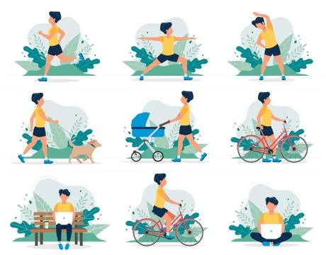 Happy man doing different outdoor activities: running, dog walking, yoga Illustration
