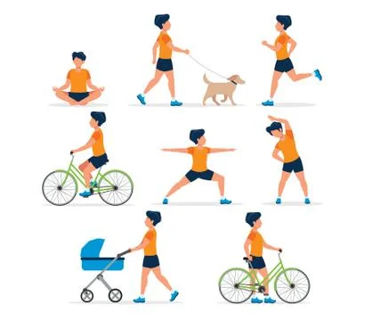 Happy man doing different outdoor activities: running, dog walking, yoga Stock Illustration