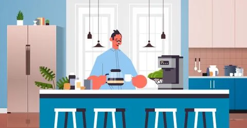 Happy man drinking coffee guy relaxing at home cooking concept modern kitchen Illustrazione stock