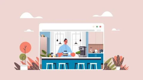 Happy man drinking coffee guy relaxing at home online cooking concept modern Illustrazione stock