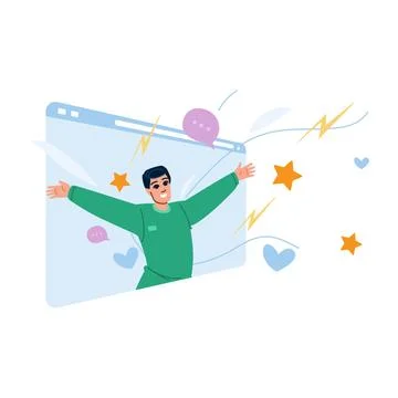 Happy man emerging from computer screen spreading open arms Stock Illustration