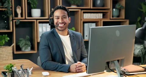Happy man, face and headset at computer for contact us, customer support and Stock Footage 342331664