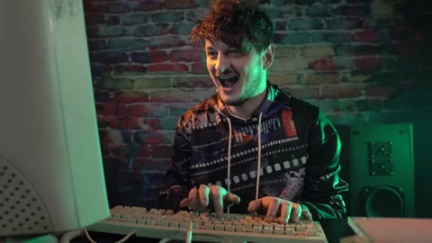 Happy Man in Front of Desktop Computer From 1990's Celebrates Accomplishment 스톡 동영상 301847172