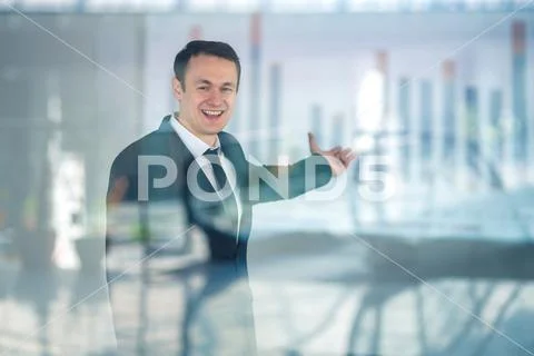 The happy man gesture over the window Stock Photos