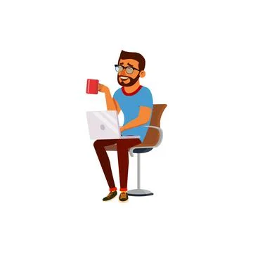 Happy man has funny time with computer technology cartoon vector Stock Illustration